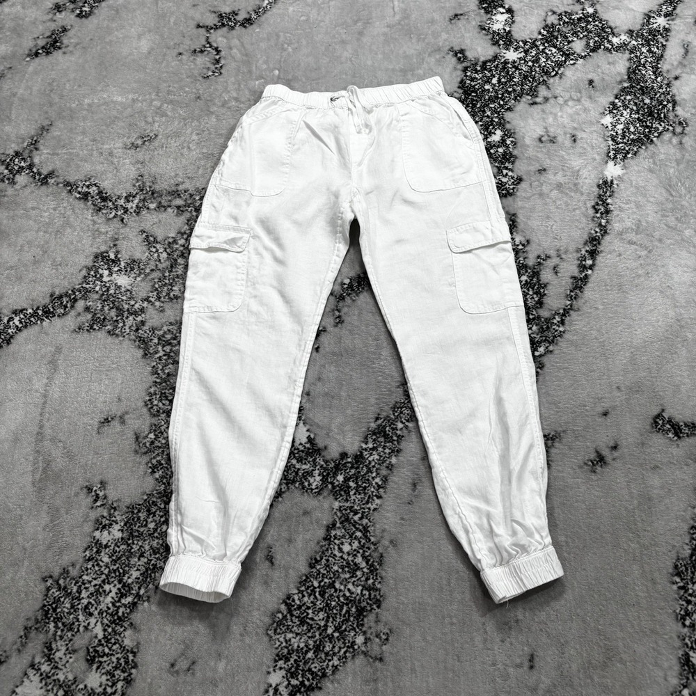 Nicole Miller NY 100% Linen Cargo Jogger Pants Women Size Small White Drawstring